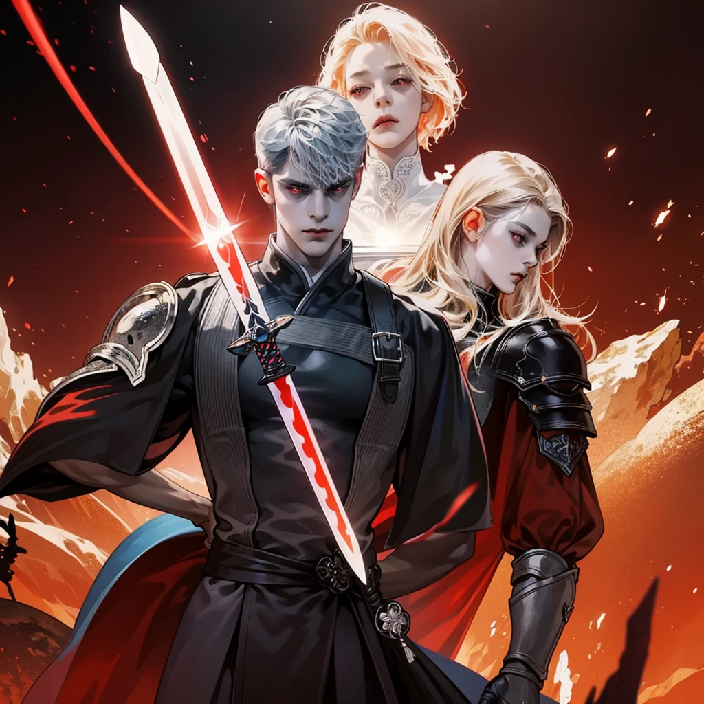 Guy with a sword in the center, close, costumes, portal to another world in the background,red blood element, Red Demon Eyes, HD Light & Dark, Balance Rendering, HD lighting and darkness )<=(Epic image quality)dark atmosphere with bright light particles(Lots of effects in the background)