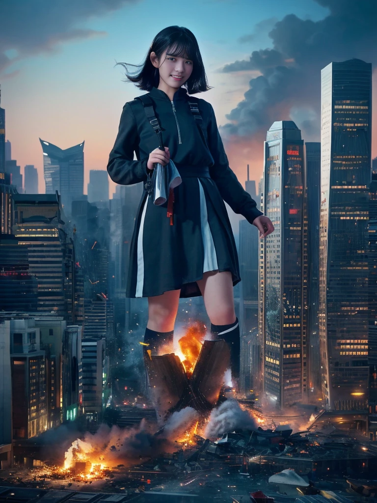 (Giantess Element、high resolution、high resolution、high quality、Accurate body structure、Detailed body)A towering giant girl, 50,000 feet high、从下面仰望Walk近的女人、Giantess Attacks City、Lovely woman、Destroy a townNympho、Destroy a town、Naughty look、High school girl、White shirt、sports shoes,Check the skirt、Ribbon、Radiant Skin、Giant Woman、Smile、trampling buildings、rubble、Burning town、Destroyed small buildings、Highway collapse、Car was crushed、Residents flee、Sunset、Burning town、progress、Walk、trampling、Anatomically correct、Precision human body、Precise skeleton、Full body portrait、Bob Hairstyle、Black Hair、Red Eyes、rubble散落在我脚下、taller than a skyscraper、Influence of the Great Poetry、Giantess Element、Draw a woman with great fanfare、Adding Destruction Element、Make cities smaller