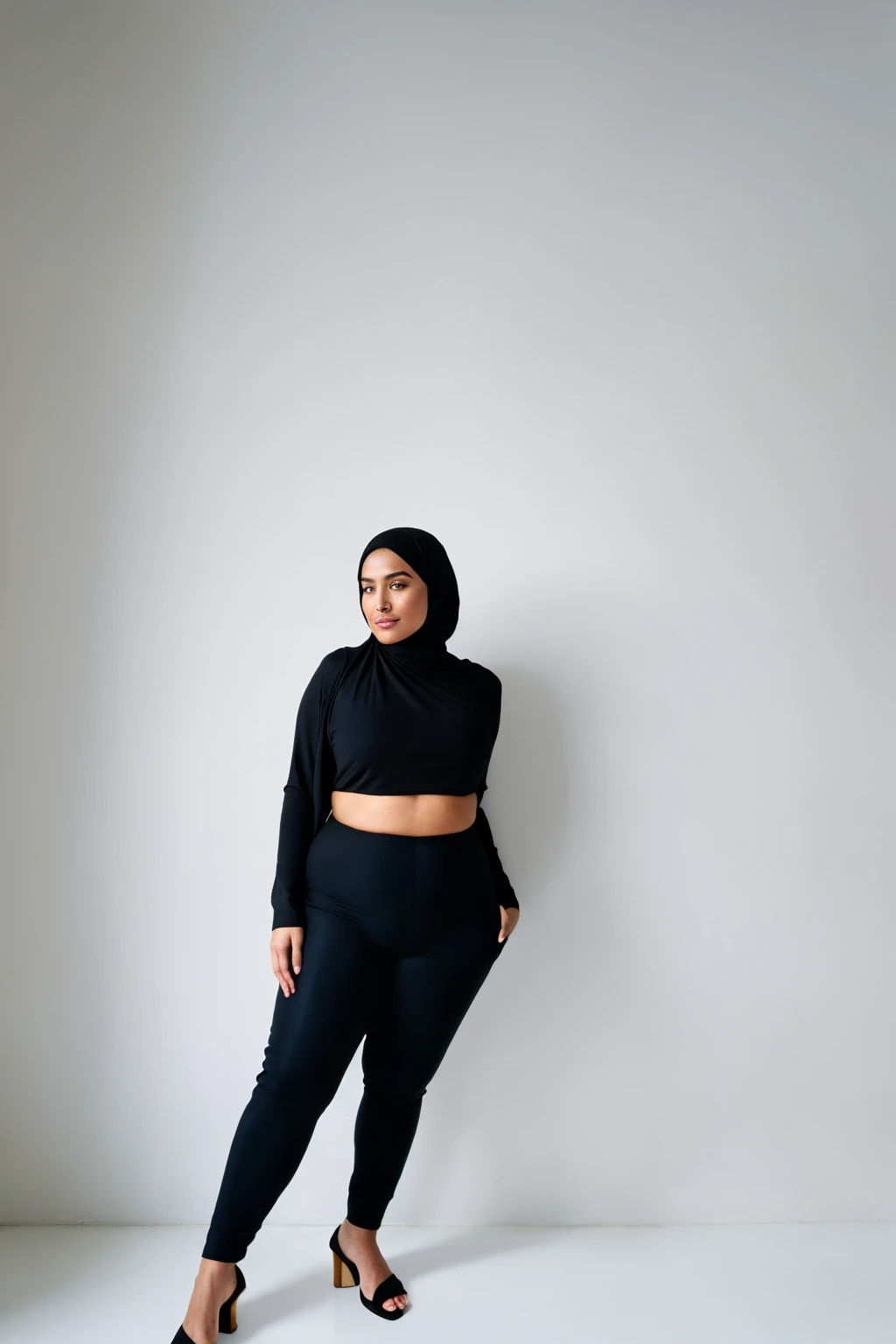 RAW photo,candid photograph, full body,photo of a beautiful,influencer,35yo Moroccan woman,black hijab, detailed skin, naked, looking at viewer, chubby body structure,white background,no background, candid pose,blue light, film grain, kodak color, instagram LUT