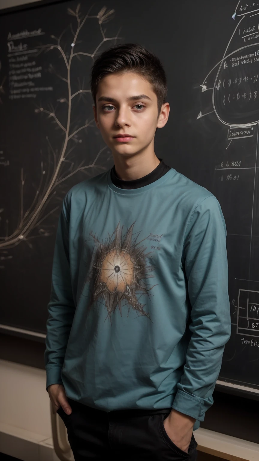 A beautiful young twink, cute male, with black hair and a face with makeup. He is wearing a long-sleeved aquamarine shirt and black jeans. He is in his luxurious scientific office, and behind him is a blackboard with neurons and calculus written on it, and he looks in amazement and shock with his eyes beneath it.  Dark circles