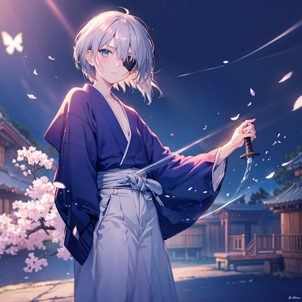 (((1 person Gray Hair))) ((((Eye patch)))) (((High resolution short hair Black kimono))) ((Shoulder Rin々Funny face Hold the sword)) ((Black Band samurai Lonely despair blue eyes Pull camera)) ((Blue Butterfly night Japanese style old Cherry Blossom Garden water surface Catch the wind Scattering cherry blossom petals)) ((Japanese sword Two-Way Slashing Bathed in light)) ((Sword Reflection Pink light)) 月night moonlight star Draw your sword Shining Background Shining Edge
