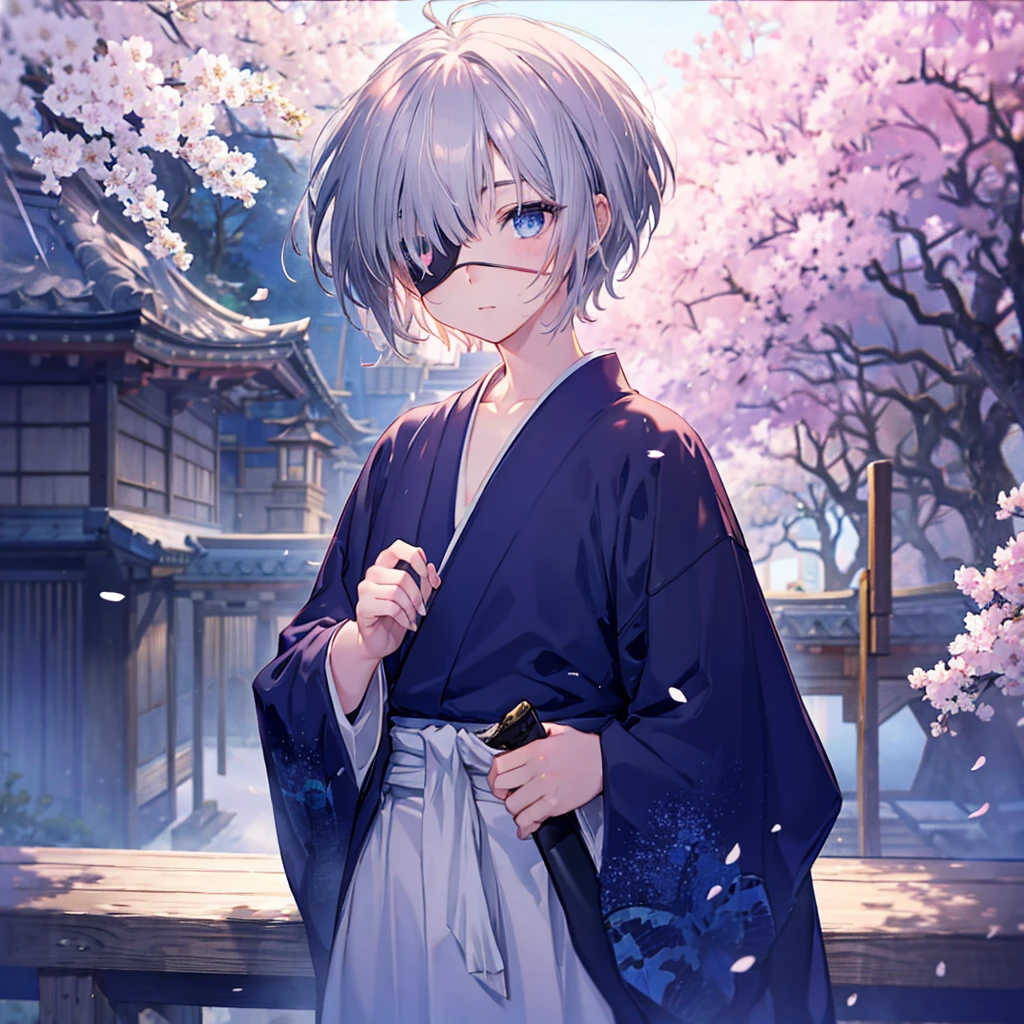 (((1 person Gray Hair))) ((((Eye patch)))) (((High resolution short hair Black kimono))) ((Shoulder Rin々Funny face Hold the sword)) ((Black Band samurai Lonely despair blue eyes Pull camera)) ((Blue Butterfly night Japanese style old Cherry Blossom Garden water surface Catch the wind Scattering cherry blossom petals)) ((Japanese sword Two-Way Slashing Bathed in light)) ((Sword Reflection Pink light)) 月night moonlight star Draw your sword Shining Background Shining Edge
