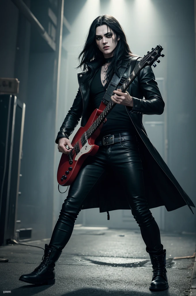 A movie poster of the character "The crow". halfbody, The character is in the middle of a dark street, with a bright green light shining on it. (( The crow V.Dear de TI, White face with black makeup )), The background is black with smoke. Wearing a The crow Costume. The character is wearing a black overcoat, and black boots. He has long black hair and wears black makeup.. He is holding a black guitar in his right hand. face detailed, intricate. detailed pistol. 真实感: The generated artwork must be realistic and highly detailed. lighting: A lighting deve ser cinematográfica, with a bright red light shining on the character. fund: The background should be black with smoke.