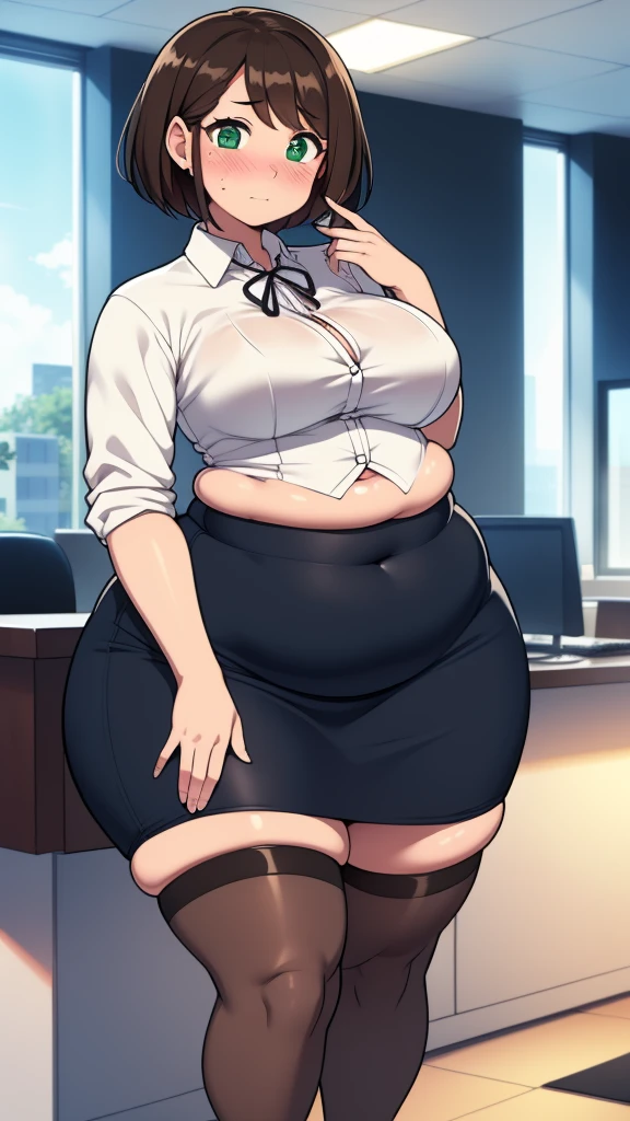 ((highres)), Masterpiece, high quality, best quality, beautiful, perfect lighting, detailed face, ultra cute face, ((1girl)), ((solo), short brown hair, fluffy hair, green eyes, ((blush)), embarrassed, nervous, looking at viewer, arms behind back, standing in a office (office), daytime, dress shirt, pencil skirt, thigh highs, wide hips, (((thick thighs))), (((chubby))), medium breasts, perky breasts, 20 year old female,