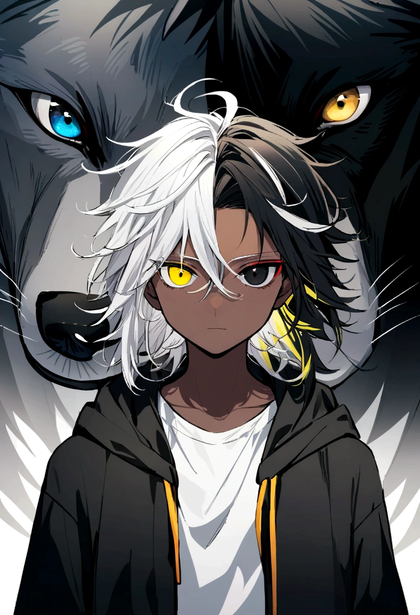 white  shirt, wearing a black hoodie , yellow and black eyes heterochromia , Calm expression, Messy hair , Medium length hair , 1 men , multicolored black and white hair , two tone hair , dark skin color, next to two wolves, a black wolf white wolf
