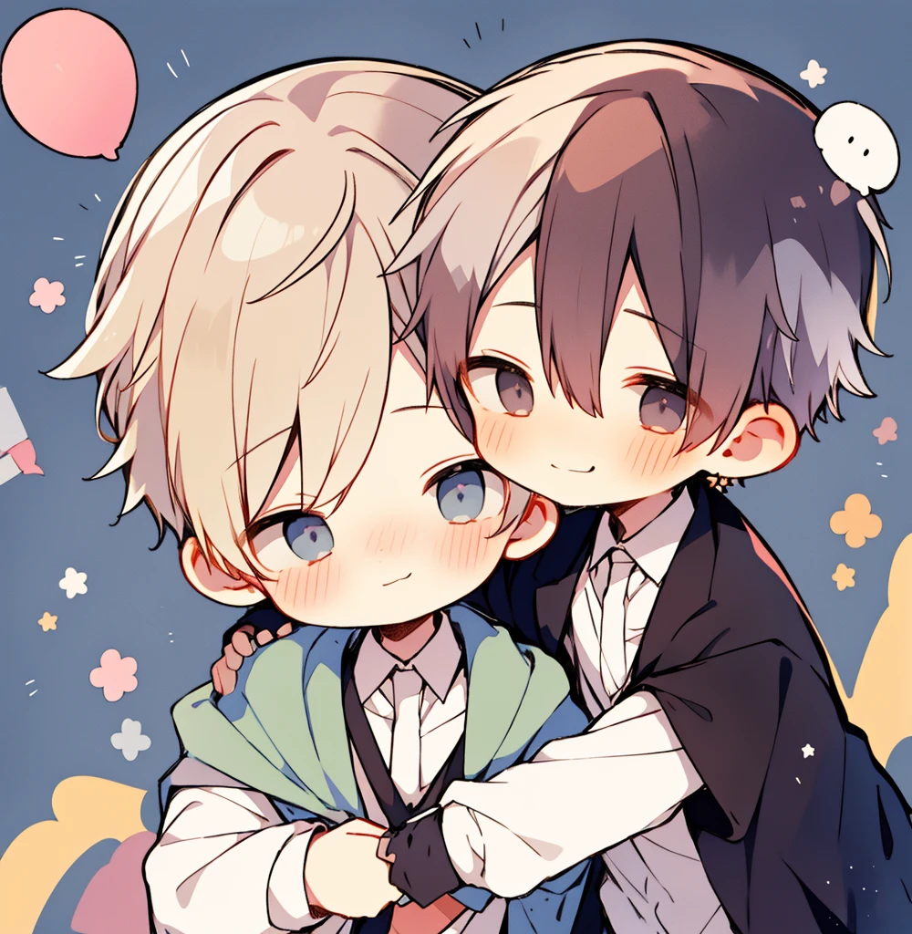 chibi 2boys pastel colors gradient flat chest hug yaoi gay boys love gothic rose blonde silver hair gray eyes black eyes smile open mouth