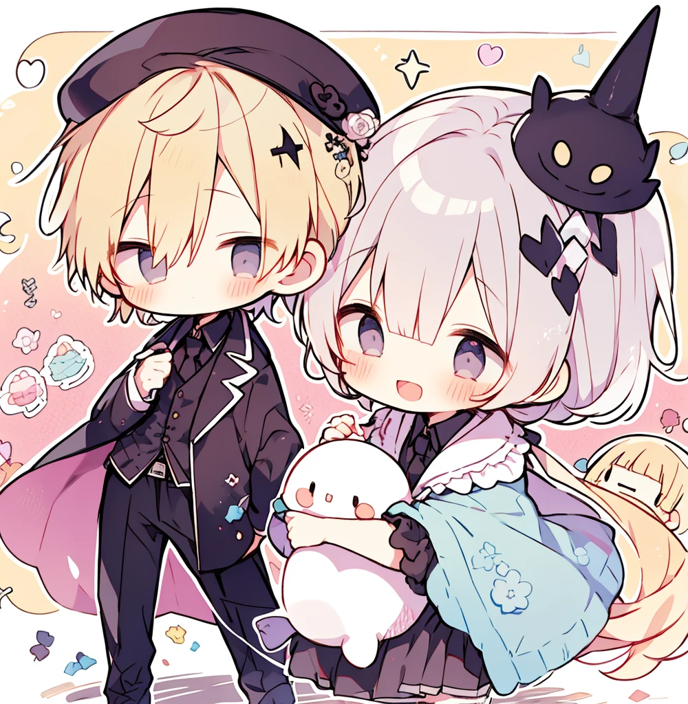 chibi 2boys pastel colors gradient flat chest hug yaoi gay boys love gothic rose blonde silver hair gray eyes black eyes smile open mouth