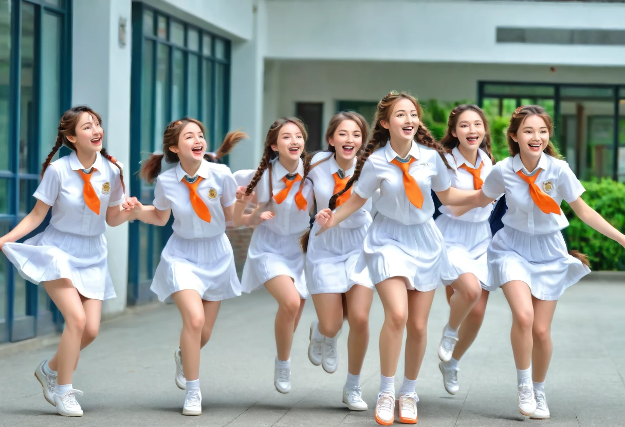 Raw photo, ((5 girls)), beautiful teen schoolgirls, attractive feminine form, with plaited hair, dancing in a playful manner, having fun in a school walkway, joyful happy mood, wearing white frocks and orange color ties, white shoes, with school backpacks, professional photographer, (hdr:1.4), masterpiece, ultra-realistic 8k, perfect artwork, intricate details, cute face, award winning photograph, (Best quality, 8k, 32k, Masterpiece, UHD:1.3)
