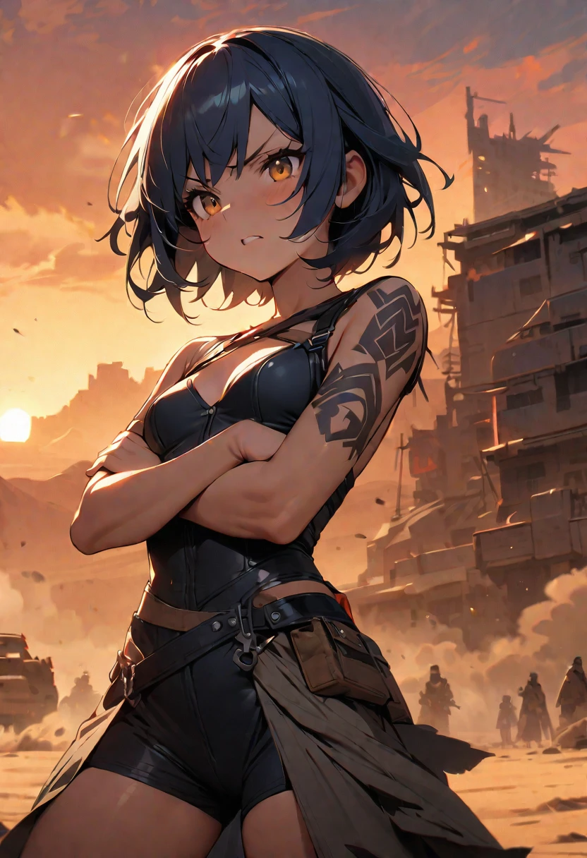 (best quality, masterpiece, ultra high-resolution, ultra-detailed: 1.2), a girl boldly stationed atop a speeding, heavily modified vehicle amidst the brutal atmosphere of the "Mad Max: Fury Road" worldview.(she is standing on the vehicle). cute.(stand with open stance:1.1), (crossed arms:1),vast desert landscapes bathed in the golden glow of sunset, plumes of sand and smoke billowing in her wake, a testament to the power of the individual amidst the chaos.BREAK.(,detailed face,(darkblue hair-color,wavy-short hair),parallel eyebrows,small breasts),very angry,post-apocalypth, her name is furiosa,