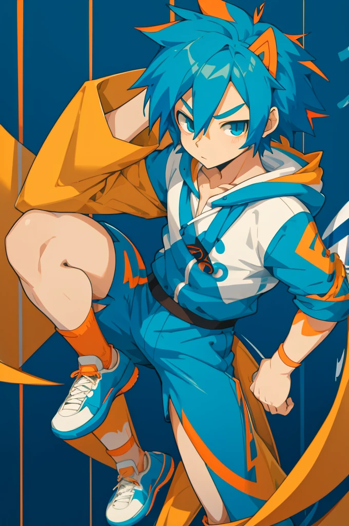 Create a 2d anime character in cartoon style with male blue hair and orange and blue outfit
