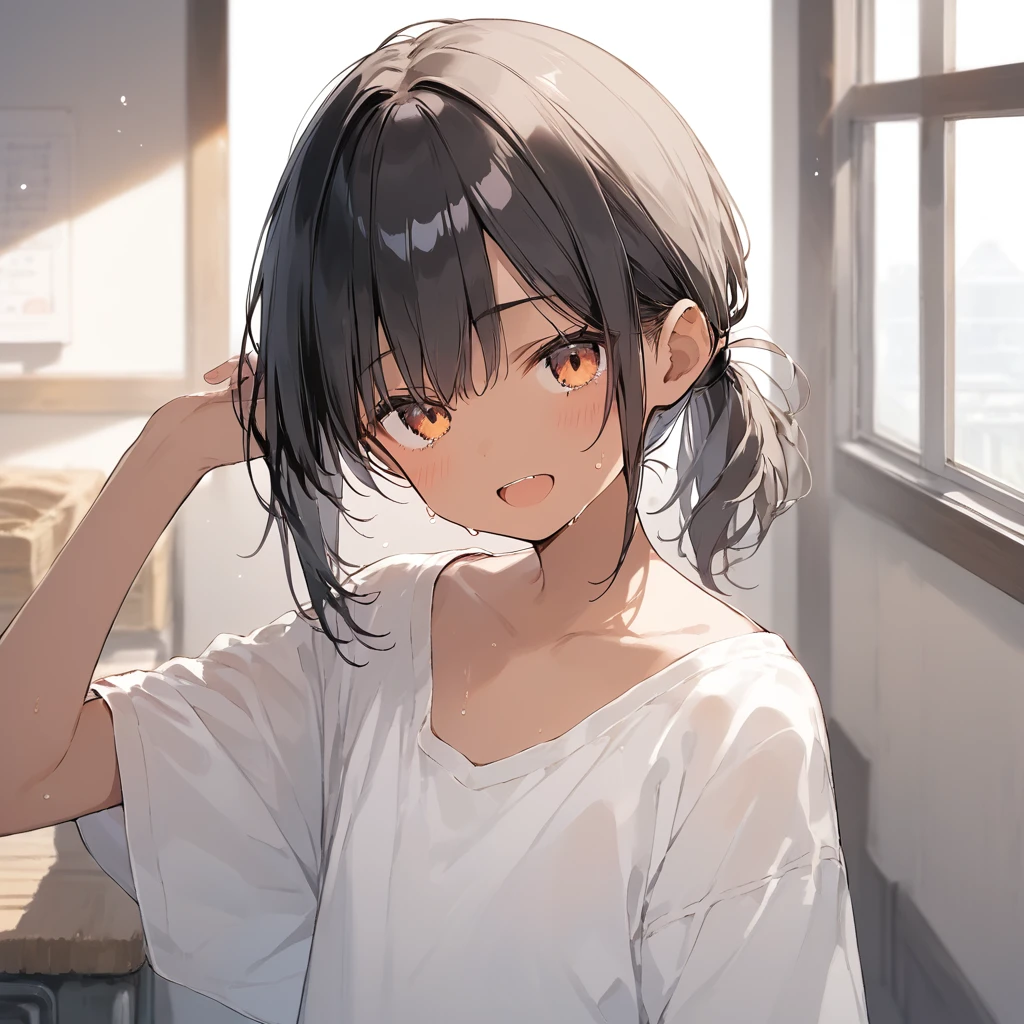 score_9, score_8_up, score_7_up, source_anime, best quality, masterpiece, official art, absurdres, highres, ultra-detailed,waifu2x,Collection: Slice of Life,break,1girl, tomboy, dark-skinned female, short hair, low ponytail, flat chest, beautiful detailed eyes, sweat, open mouth, (yawn:0.3), sleepily, indoors, mat, school gym storeroom,, break,(clear line illustration:1.2),very high resolution, very aesthetic, super detailed skin, Best sexual lighting powered by famous artist, 8k,cute picture,beauty illustration,photoshop_(medium),,(Detailed Lighting),best anime 8k konachan wallpaper, pixiv contest winner,