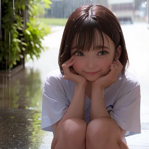 night、((It rains、heavy rain:1.2))、(A girl crouching on the street)、A puddle spreads at my feet、(Wet T-shirt:1.2)、Wet Hair、mini skirt、Bob Hair、Brown Hair、((Crying face:1.1))、Medium breast、(Beautiful face、Accurate Face、Anatomically correct limbs、Accurate 5-finger)、(Photorealistic quality、Highest quality、masterpiece、16K、Detailed Background)、