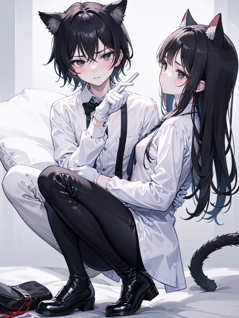 18-year-old Shota,Very white skin,cute,Wear a white long-sleeved shirt and a black work tie,Wear black pants,Wear black booties,Wear white gloves,wear cat ear,Black hair,Black eyes,Handsome,Disdainful and cold expression,shy,blush,porn,Close-up photo
