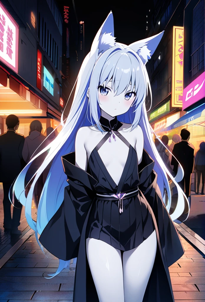 ((anime zero no tsukaima art, masterpiece, 4k, extreme quality)).
The theme is supernatural.
The setting is a street in the center of Tokyo(detailed:1,9), the year is 2024, summer, without fog, full of varied open stores in the surroundings, full of people in the surroundings, it is 9 pm, the sky is starry, the environment is illuminated by the lights of streetlights and open stores. There is a girl(Only 1), she is the focus of the scene, she is , she has purple fox ears(long:1,2), she has 9 purple tails(long:1,6) fox, hair(short:1,6) messy and gradient purple with gray from top to bottom, bright and silver eyes(luminous:2,1), pale white skin, short stature, she wears a totally black yukata, thin(thin:1,5), narrow chest, flat chest, waist(thin:1,5), wide hips, big round butt, beautiful thighs, beautiful curves, shy and embarrassed behavior, fullbody vision(far:1,1). The atmosphere is pleasant. Complete view of scene.
