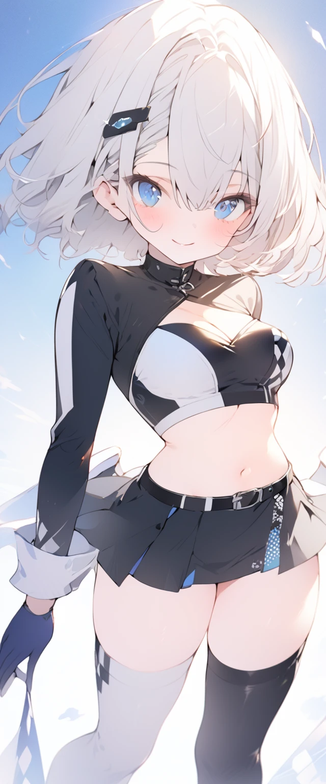 beautiful, masterpiece, Highest quality, anime, One girl, C Cup,Portrait Shot, View your viewers, Covered、Short Hair、nearby、Blue Eyes、art、、White hair,Blue streaked hair、wallpaper、hairpin、Cute smile、Thighs、navel、Black and White_Open race queen、Blue-black_Gloves、Blue-black_Knee-high boots、、Cute、Blue-black_Short skirt、circuit、blue sky、Blue-black_mini skirt、Blue-black_Very short skirt、belt、fastener