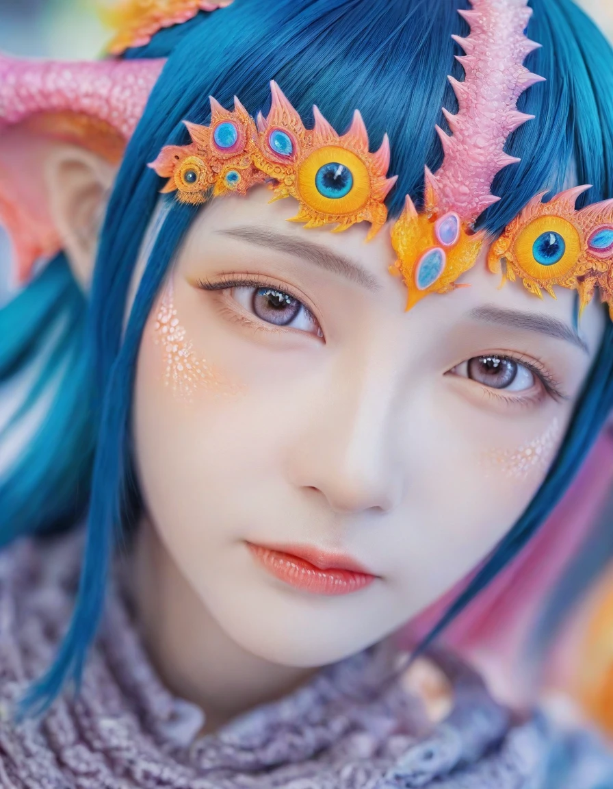 huge, Macro-human origins, a monster creature,Look directly into the camera. This concept image has a bold outline,Rich in details, Blending reality and fractal elements. This creature is colorful., Focus on the face and eyes, Create high-quality masterpieces. 背景Rich in details,But the depth of field is shallow, Enhance the prominence of creatures in the scene.