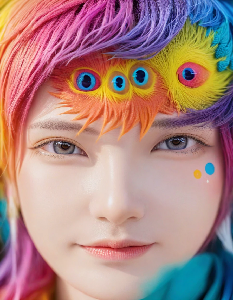 huge, Macro-human origins, a monster creature，Look directly into the camera. This concept image has a bold outline，Rich in details, Blending reality and fractal elements. This creature is colorful., Focus on the face and eyes, Create high-quality masterpieces. 背景Rich in details，But the depth of field is shallow, Enhance the prominence of creatures in the scene.