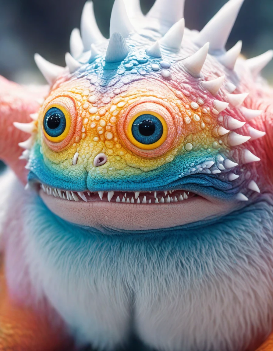 huge, Macro-human origins, a monster creature，Look directly into the camera. This concept image has a bold outline，Rich in details, Blending reality and fractal elements. This creature is colorful., Focus on the face and eyes, Create high-quality masterpieces. 背景Rich in details，But the depth of field is shallow, Enhance the prominence of creatures in the scene.