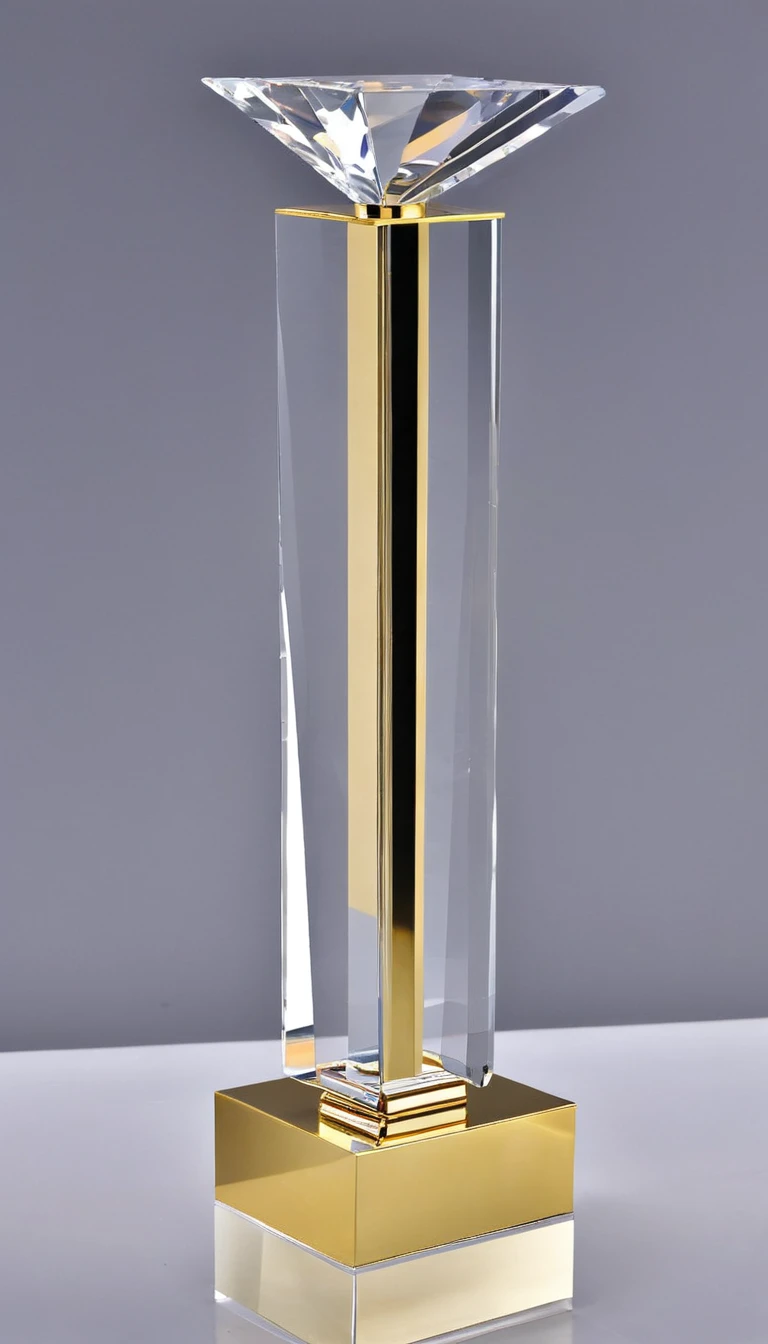 A cool trophy;Golden metal trophy,Crystal acrylic base;Front view。Simplicity,cuboid,Square column,cube,BRICS。