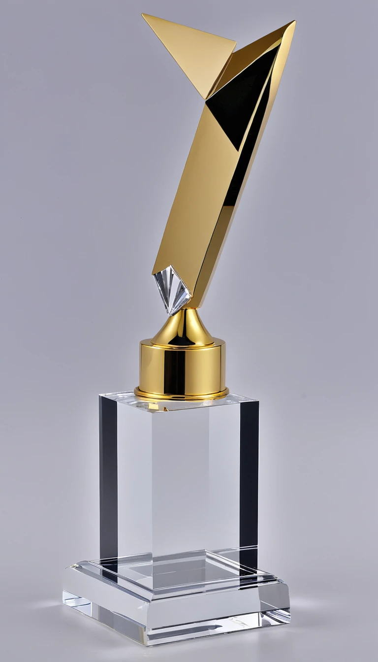 A cool trophy;Golden metal trophy,Crystal acrylic base;Front view。Simplicity,cuboid,Square column,cube,BRICS。