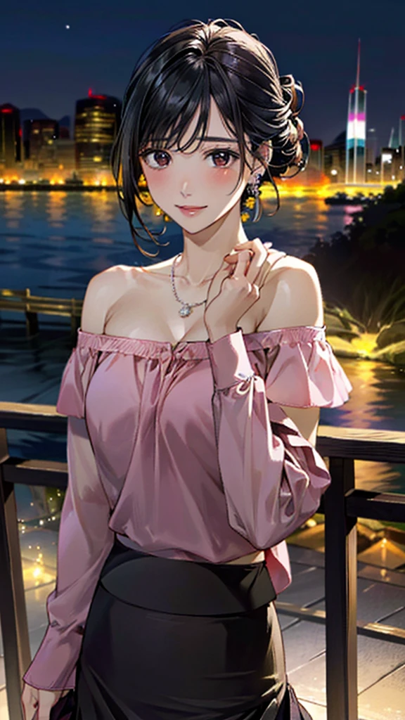 (masterpiece:1.3, Highest quality, Ultra-high resolution:1.2, Super detailed、8K), (Realistic, photoRealistic:1.4), Beautiful illustrations, Perfect lighting, colorful, Depth of written boundary, Beautiful detailed hair, Beautifully detailed face, Beautiful fine details, Droopy eyes、Beautiful clavicle, Beautiful body, 美しいLarge Breasts, Beautiful thighs, Beautiful feet, Beautiful fingers, View Viewer、Front view:0.6, Beauty1人, Japanese, Beauty、30 years old, Perfect Face, (Perfect Anatomy, Anatomically correct), Cute and symmetrical face, Baby Face, , Shiny skin,(Pink off-shoulder blouse:1.4), ((Long skirt、Wraparound skirt:1.5)) 、(pumps:1.3)、(Black Hair, Updo Hair:1.4), braided bangs、Dark brown eyes, Large Breasts, Slim body, necklace, Small earrings:1.1, (Beautiful views), (night), (city, cityscape in the distance), Riverside、Are standing、 A soft smile、(Smile, Lips parted),