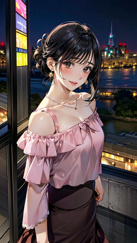 (masterpiece:1.3, Highest quality, Ultra-high resolution：1.2, Super detailed、8K), (Realistic, photoRealistic:1.4), Beautiful illustrations, Perfect lighting, colorful, Depth of written boundary, Beautiful detailed hair, Beautifully detailed face, Beautiful fine details, Droopy eyes、Beautiful clavicle, Beautiful body, 美しいLarge Breasts, Beautiful thighs, Beautiful feet, Beautiful fingers, View Viewer、Front view:0.6, Beauty1人, Japanese, Beauty、30 years old, Perfect Face, (Perfect Anatomy, Anatomically correct), Cute and symmetrical face, Baby Face, , Shiny skin,(Pink off-shoulder blouse:1.4), ((Long skirt、Wraparound skirt:1.5))  、(pumps:1.3)、(Black Hair, Updo Hair:1.4), braided bangs、Dark brown eyes, Large Breasts, Slim body, necklace, Small earrings:1.1, (Beautiful views), (night), (city, cityscape in the distance), Riverside、Are standing、 A soft smile、(Smile, Lips parted),