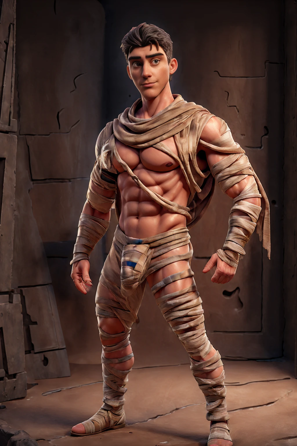 Photorealistic, ((best quality)), ((masterpiece)), (detailed), horror masculine portrait of adult model dressed up as a mummy, 50-year-old male model, evil look, dark look, powerful, mature face, sport body,slim and tall body, wearing Camouflage big bulging underwear, wearing military boots,He was standing in a shed in the army barracks., big muscular chest, sexy pose ,perfect , male , correct male scrotum, perfect scrotum, male structure, short detailed hair, Sexy guy, looking at viewer, highest detail, superior quality, natural lighting, beautiful, sexy, correct anatomy, good composition, man focus,amazing composition, front view, HDR, volumetric lighting, ultra quality, elegant,vpl,the middle of the picture,Fujifilm XT3 photorealistic art by midjourney,(Best quality, 8k, Masterpiece).,highest detail, superior quality, natural lighting,realistic shapes, realistic skin tones,Natural eyes,realistic eyes,Open your eyes,Have chest hair, Have belly hair, Have pubic hair, antique mummy bandages, mummy costume, egyptian ruins, (Sarcophagus:1.4), 8k, high detailed, ultra-detailed, Stylish Pose, real skin texture, dark cinematic lighting, night, dark night,Fujifilm XT3 photorealistic art by midjourney