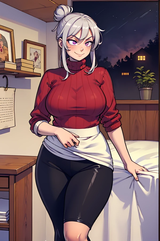 ((high aesthetic, art by BetterWithSalt)), 1girl, silver hair, hair buns, purple eyes, red turtleneck sweater, black leggings, cute smile, (curvy), (cowboy shot), cozy house, detailed background, (best quality, masterpiece)
