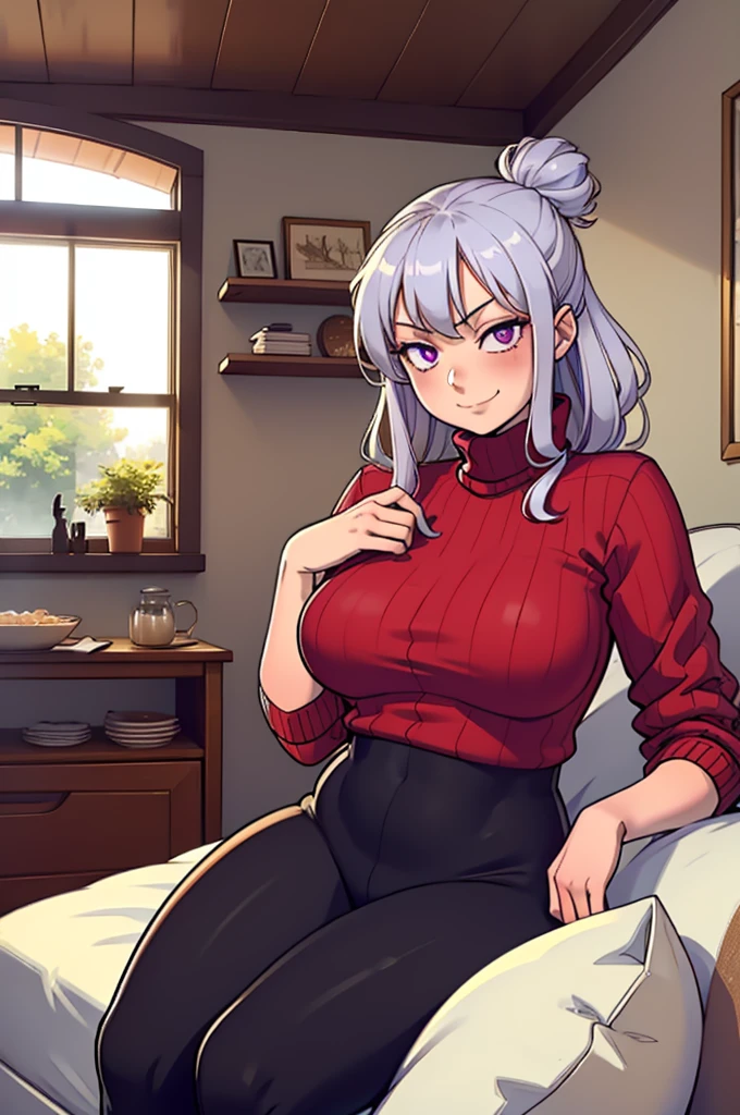 ((high aesthetic, art by BetterWithSalt)), 1girl, silver hair, hair buns, purple eyes, red turtleneck sweater, black leggings, cute smile, (curvy), (cowboy shot), cozy house, detailed background, (best quality, masterpiece)
