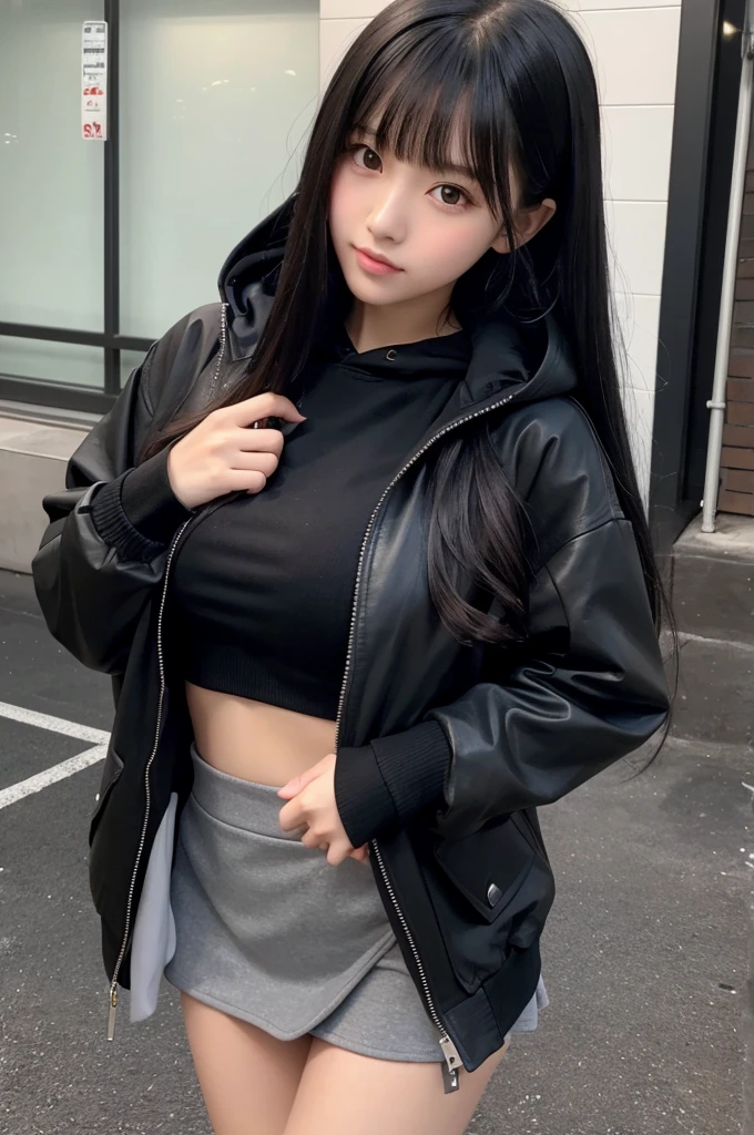 A girl with long black hair wearing a long black jacket with a hood Black mini skirt tall Slightly larger breasts With bangs Foot thin