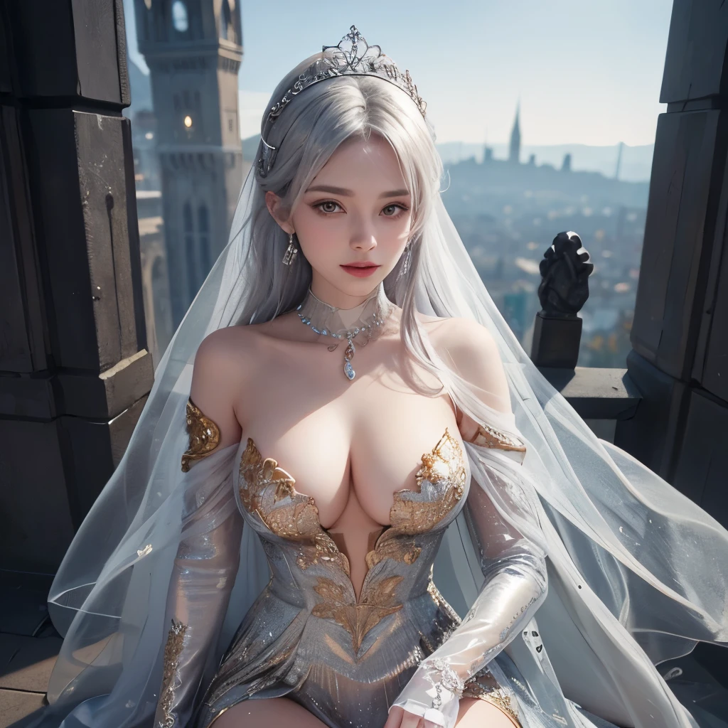 Girl, transparent, see through, silver and gold dress, topless, silver hair, tiara, glove, chokes, silver long sleeves, silver veils, ear wear, detailed hand, oval face, smile, picture form top to knee, sexy pose, extra large breasts, look at camera, camera from top, detailed, night, castle background, photorealistic, best quality