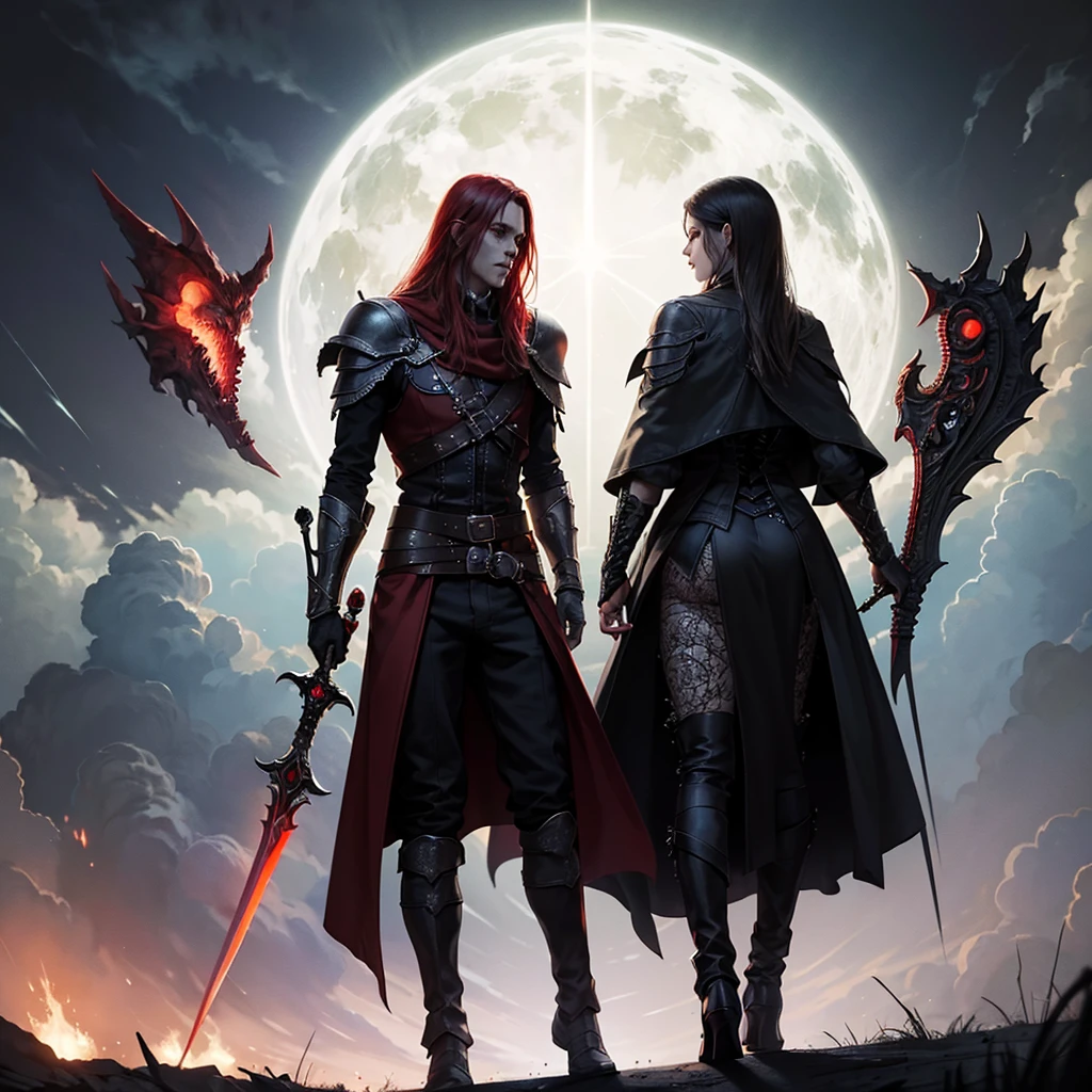 The guy with the sword, costumes, portal to another world in the background,red blood element, red demonic eyes, HD light and dark, Balance rendering, HD lighting and darkness )<=(epic image quality)dark atmosphere with bright particle light(many effects in the background)