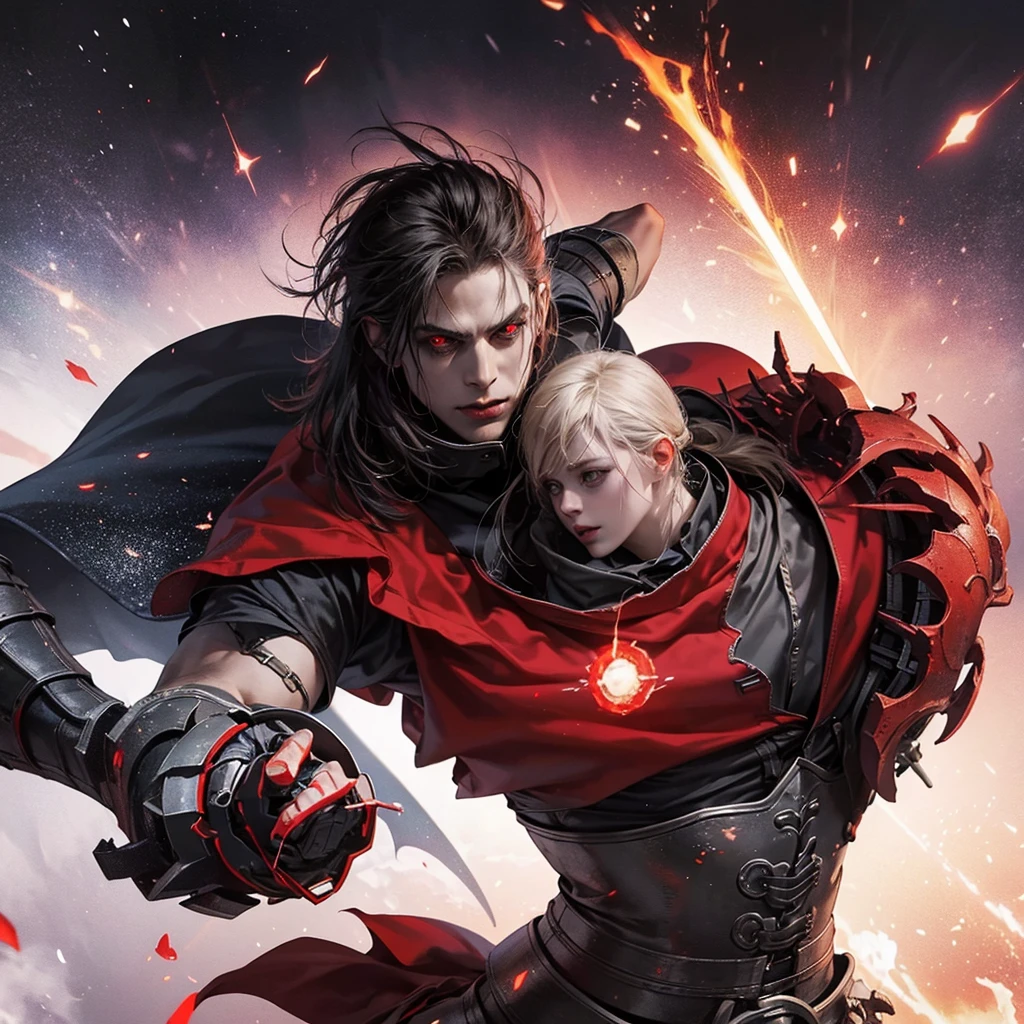 The guy with the sword, costumes, portal to another world in the background,red blood element, red demonic eyes, HD light and dark, Balance rendering, HD lighting and darkness )<=(epic image quality)dark atmosphere with bright particle light(many effects in the background)