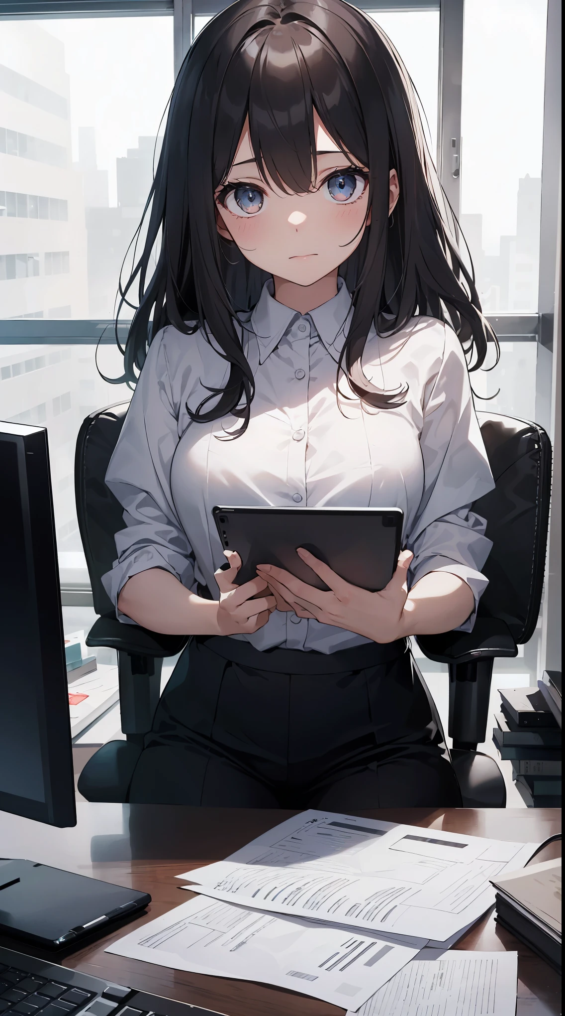 This illustration depicts a cute girl working in an office in a high-rise building, at a moment when she is tired of the situation. She is working on her laptop and is facing the monitor. His eyes are shining. Inside the room are piles of documents, an office desk and chair, a monitor, etc. However, the most notable thing is the "final mysterious high-energy body" she emits. This energy body is released from her body and has the power to obliterate the garbage in the room. emits a pale, white light that reaches every corner of the room. The view from the window is a night view. A girl with a satisfied expression is sitting.(night)
