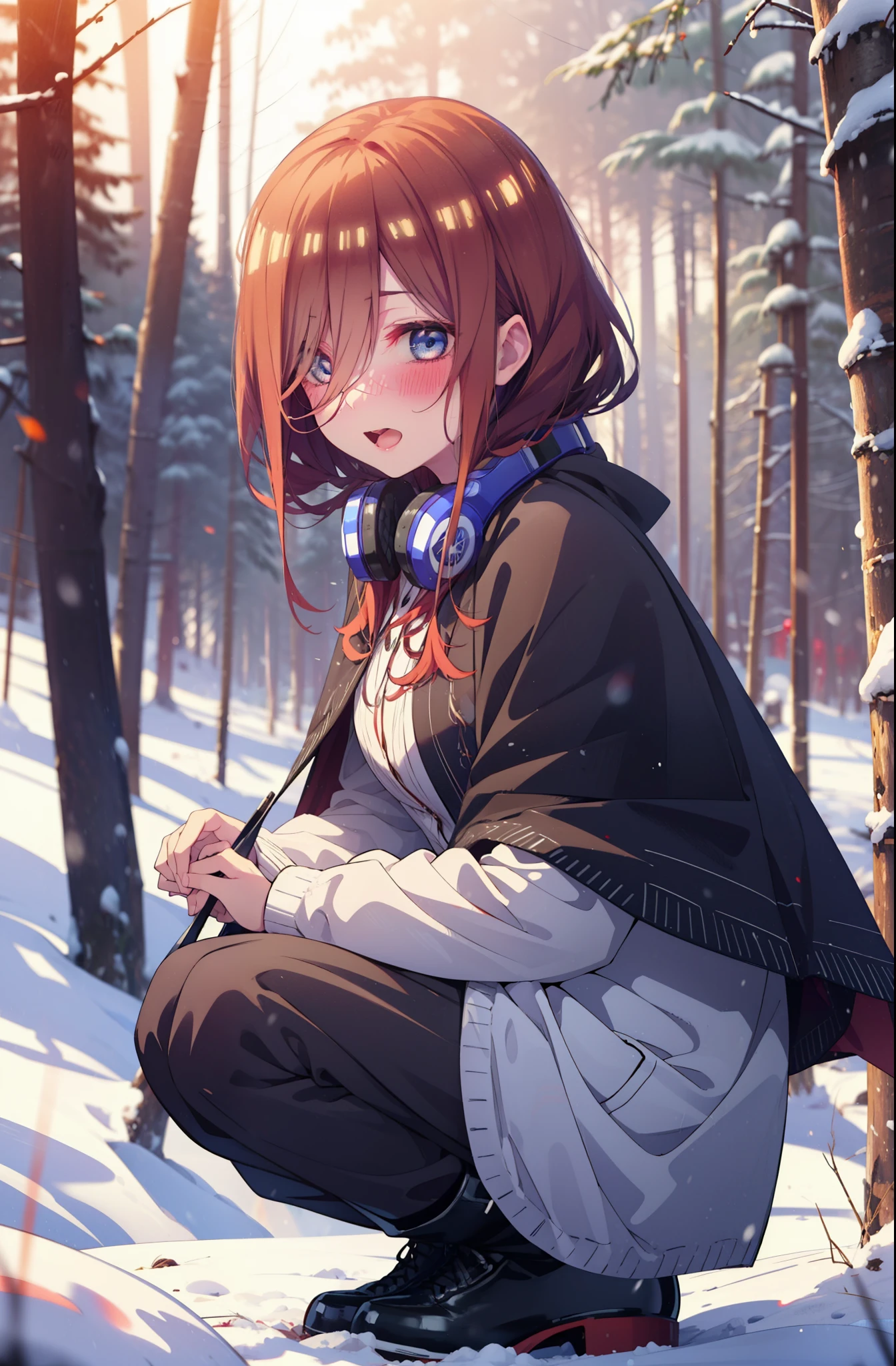 miku nakano, miku nakano, Long Hair, bangs, Brown Hair, shirt, Hair between the eyes, cardigan, Headphones around the neck,smile,blush,White Breath,
Open your mouth,snow,Ground bonfire, Outdoor, boots, snowing, From the side, wood, suitcase, Cape, Blurred, Increase your meals, forest, White handbag, nature, Squat, Mouth closed, フードed Cape, winter, Written boundary depth, Black shoes, red Cape break looking at viewer, Upper Body, whole body, break Outdoor, forest, nature, break (masterpiece:1.2), Highest quality, High resolution, unity 8k wallpaper, (shape:0.8), (Beautiful and beautiful eyes:1.6), Highly detailed face, Perfect lighting, Highly detailed CG, (Perfect hands, Perfect Anatomy),
