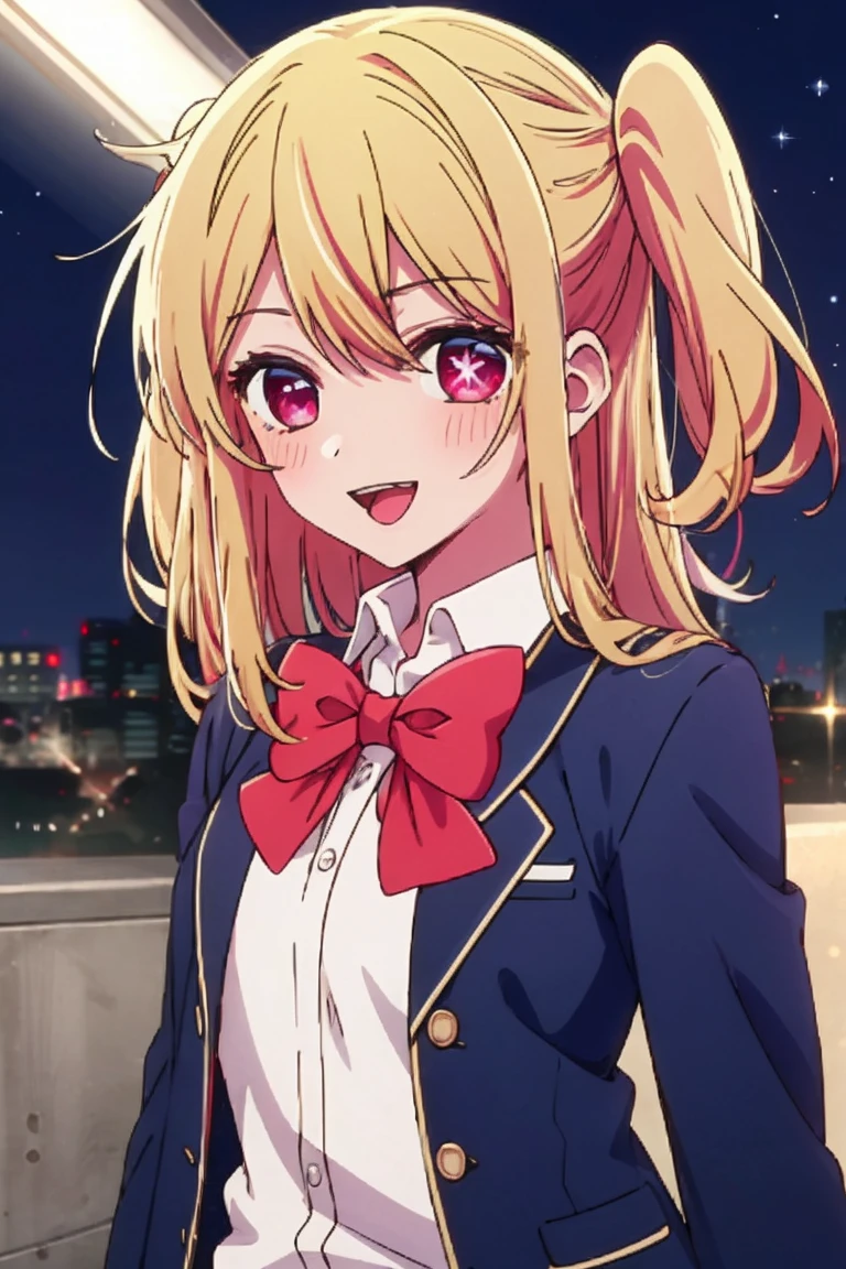 expensive boDy, expensive, Long legs, mature female, mature, Adult, it is_Recommendation_Ruby, 1 Girl, alone, Blonde, shirt, bow, smile, Long Hair, , collareD shirt, white shirt, Looking at the audience, Open your mouth, Jacket, Upper Body, Colorful Hair, bowtie, Long sleeve, bangs, Striped Hair, pink bow, blue Jacket, Outdoor, :D, reD bow, Pink Eyes, Red eyes, teeth, Parody, blazer, wood, Blurred, Pink Hair, Side Lock, Blurred backgrounD, pink bowtie, One side up, reD bowtie, upper teeth only, (((Anime Style))),8K,4K,(((2D))),close,(((Star Eyes)))