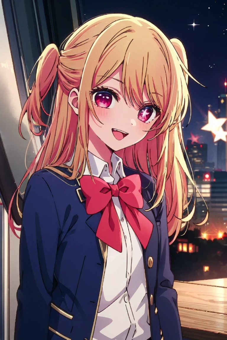 expensive boDy, expensive, Long legs, mature female, mature, Adult, it is_Recommendation_Ruby, 1 Girl, alone, Blonde, shirt, bow, smile, Long Hair, , collareD shirt, white shirt, Looking at the audience, Open your mouth, Jacket, Upper Body, Colorful Hair, bowtie, Long sleeve, bangs, Striped Hair, pink bow, blue Jacket, Outdoor, :D, reD bow, Pink Eyes, Red eyes, teeth, Parody, blazer, wood, Blurred, Pink Hair, Side Lock, Blurred backgrounD, pink bowtie, One side up, reD bowtie, upper teeth only, (((Anime Style))),8K,4K,(((2D))),close,(((Star Eyes)))