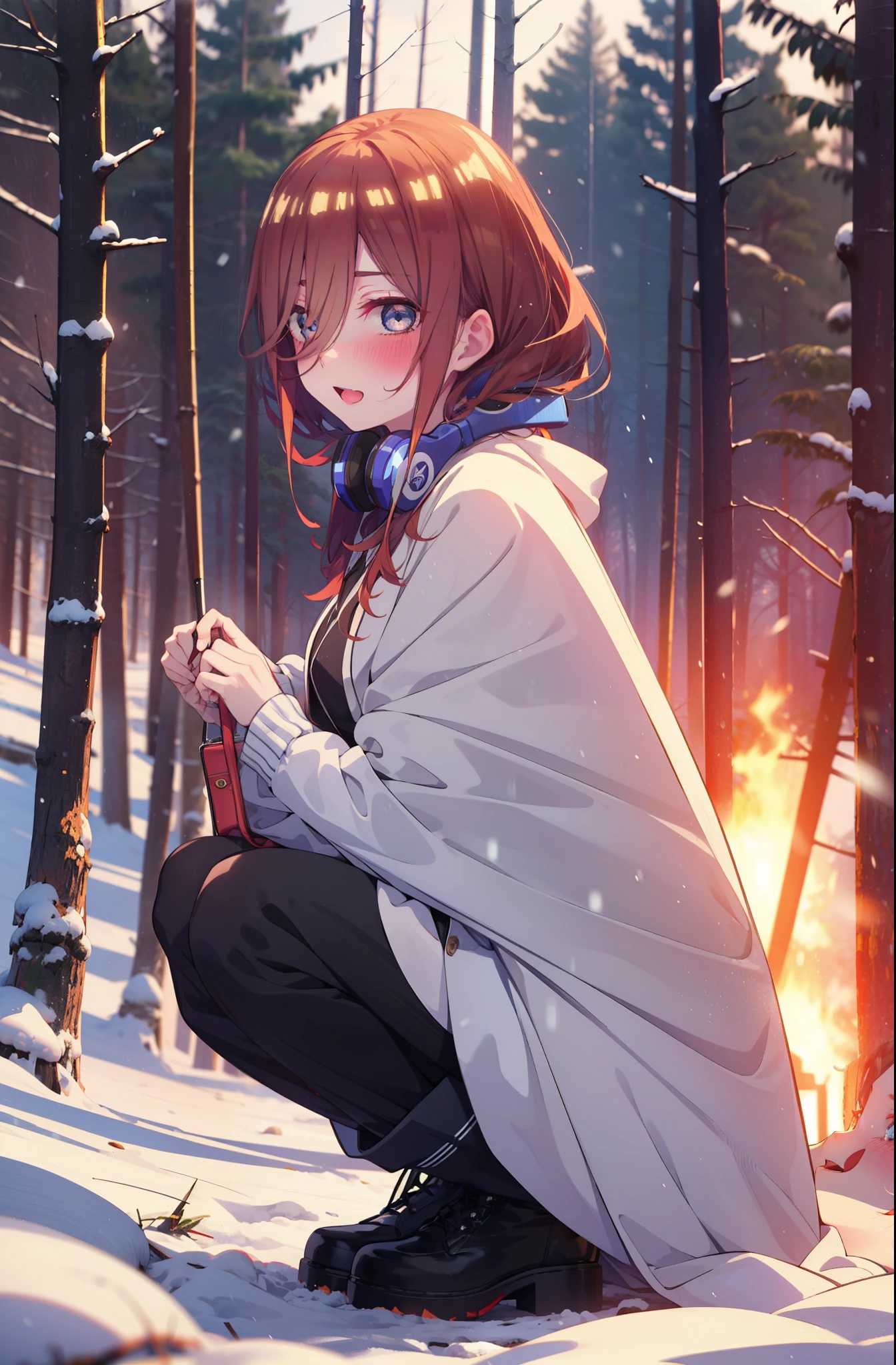 miku nakano, miku nakano, Long Hair, bangs, Brown Hair, shirt, Hair between the eyes, cardigan, Headphones around the neck,smile,blush,White Breath,
Open your mouth,snow,Ground bonfire, Outdoor, boots, snowing, From the side, wood, suitcase, Cape, Blurred, Increase your meals, forest, White handbag, nature,  Squat, Mouth closed, フードed Cape, winter, Written boundary depth, Black shoes, red Cape break looking at viewer, Upper Body, whole body, break Outdoor, forest, nature, break (masterpiece:1.2), Highest quality, High resolution, unity 8k wallpaper, (shape:0.8), (Beautiful and beautiful eyes:1.6), Highly detailed face, Perfect lighting, Highly detailed CG, (Perfect hands, Perfect Anatomy),
