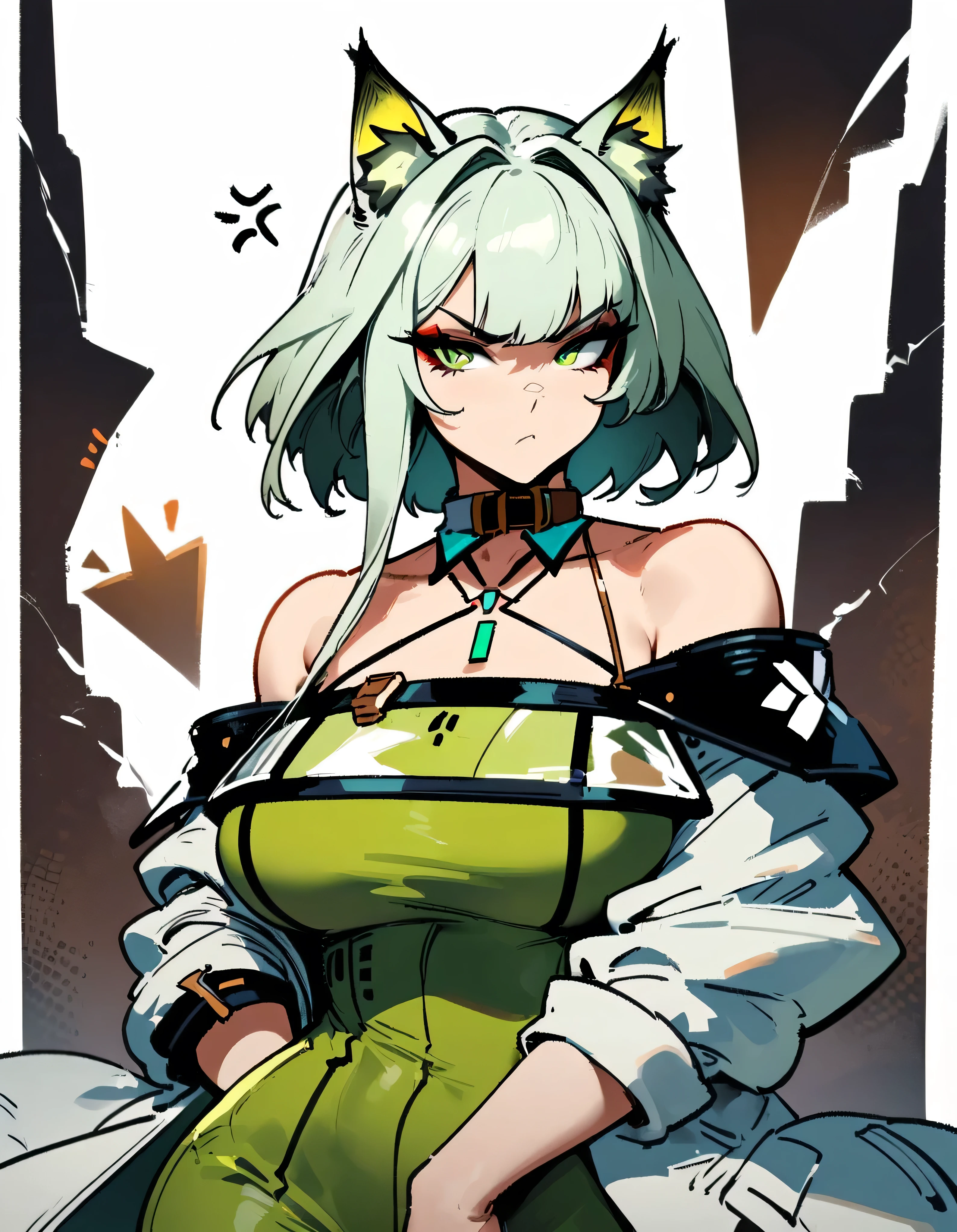 1girl, kal'tsit \(arknights\), arknights \\\\\ masterpiece, best quality, very aesthetic, absurdres, newest \\\\\\ slim body,///// ,by nyantcha,cutesexyrobutts , by khyle,,////// ,,,, , ,,detailed face, , ,, , , , , beautiful face, (white background:1.2), , sexy, , serious.angry, green eyes, animal ears, , ,,,big tits,),  in the center of the frame,,, ,wears a lab coat, ,full body ,  solo, 