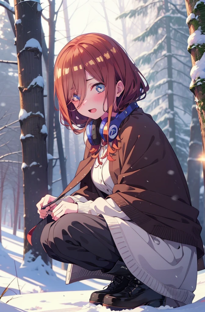 miku nakano, miku nakano, Long Hair, bangs, Brown Hair, shirt, Hair between the eyes, cardigan, Headphones around the neck,smile,blush,White Breath,
Open your mouth,snow,Ground bonfire, Outdoor, boots, snowing, From the side, wood, suitcase, Cape, Blurred, Increase your meals, forest, White handbag, nature,  Squat, Mouth closed, フードed Cape, winter, Written boundary depth, Black shoes, red Cape break looking at viewer, Upper Body, whole body, break Outdoor, forest, nature, break (masterpiece:1.2), Highest quality, High resolution, unity 8k wallpaper, (shape:0.8), (Beautiful and beautiful eyes:1.6), Highly detailed face, Perfect lighting, Highly detailed CG, (Perfect hands, Perfect Anatomy),