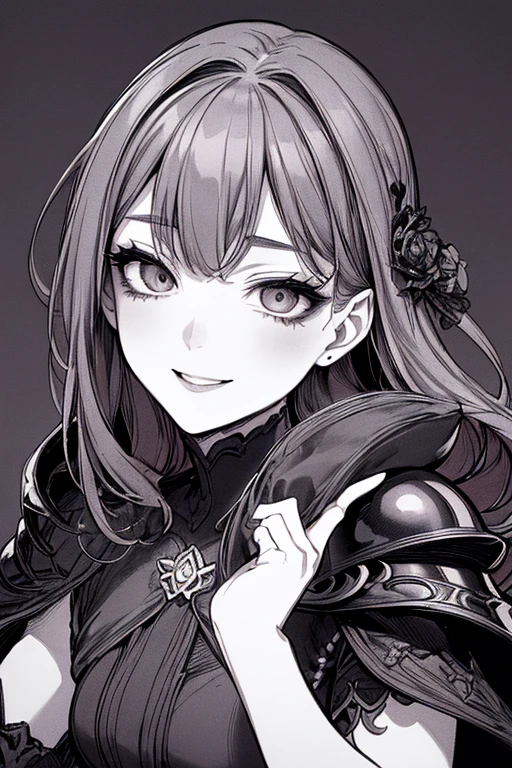Highest quality, (Background details), High Contrast, One very beautiful woman, Detailed original illustrations、Functional、Delicate face、Warrior、armor、pocket、Alluring、Villainess、sexy、Real breasts、Crazy Smile, Crazy Eyes, Head close-up, Black Robe, Black background, (Black background: 1.5), Beautiful line drawing、Monochrome