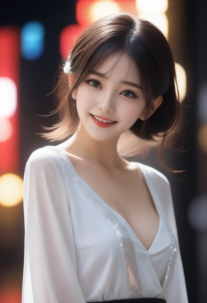 8K, Ultra-high resolution, Highest quality, masterpiece, 三分割法によるphotograph,Surreal, photograph, 1 girl, (:1.3), pretty girl, Cute face, Beautiful eyes in every detail, 細かくdetailedに,masterpiece,, One Girl:1.2, Japan Female Announcer,whole body,Young Wife, (night, (Neon Signs), (Blurred Background),Sequined fancy dress,Slutty Makeup,Bright red lipstick,A carefree smile,Healing the heart,Black hair bun,Looking at the audience、beauty,Long neck、Laugh a little、Please close your mouth and laugh、(((Ideal body type))),A-cup small breasts :2,、Portraiture:2、Perfect Anatomy、鮮明なdetailed、detailed、Surreal、Light and shadow,Strong light