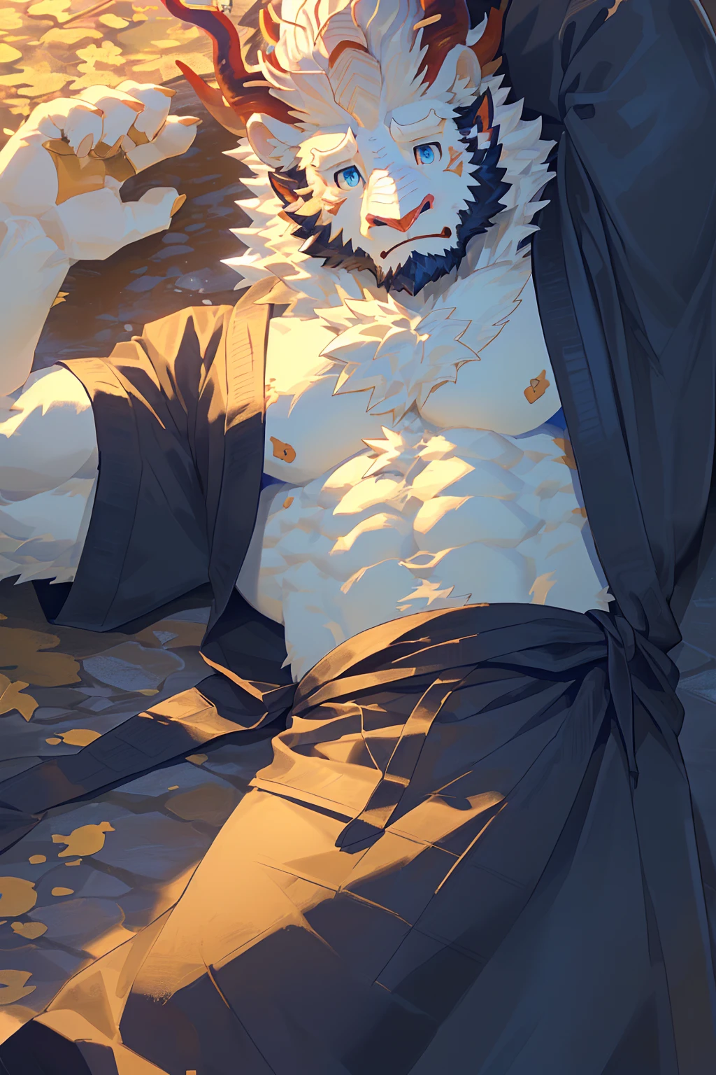 (Kirin:1.5),(Robe damaged:1.5),16K高品质细节艺术,(Kirin:1.1), (((White fur:1.8))),(Gold and white dual tone),(Gold and blue eyes:1.2),(muscular body:1.2),Handsome,(OK),(perfect face),(despair:1.1),(Gold and white skin:1.6),(Forest Background),(Half Body特写:1.5),Publaz, (Kirin:1.1), (((White fur:1.8))),Handsome, (OK),Express,(Forest Background:1.4),(pain的眼神:1.3),(Kirin tail),不同的Express,(A perfect masterpiece),(16K),(Abdominal muscles:1.3),(((young:1.4))),(21 years old),(Solitary),(Golden sideburns:1.5),(Golden-bearded:1.3),(Black Chin:1.3),(Black and white face:1),(Very rich facial details:1.3),(strong),(Half Body),(Front view),(cg),(HD),(Lying on the ground:1.4),(pain的表情:1.6),(White lines:1.4),(Scales:1.3),(White ears:1.4),(One hand over his chest:1.6),(pain:1.4),(Prostrate:1.4)