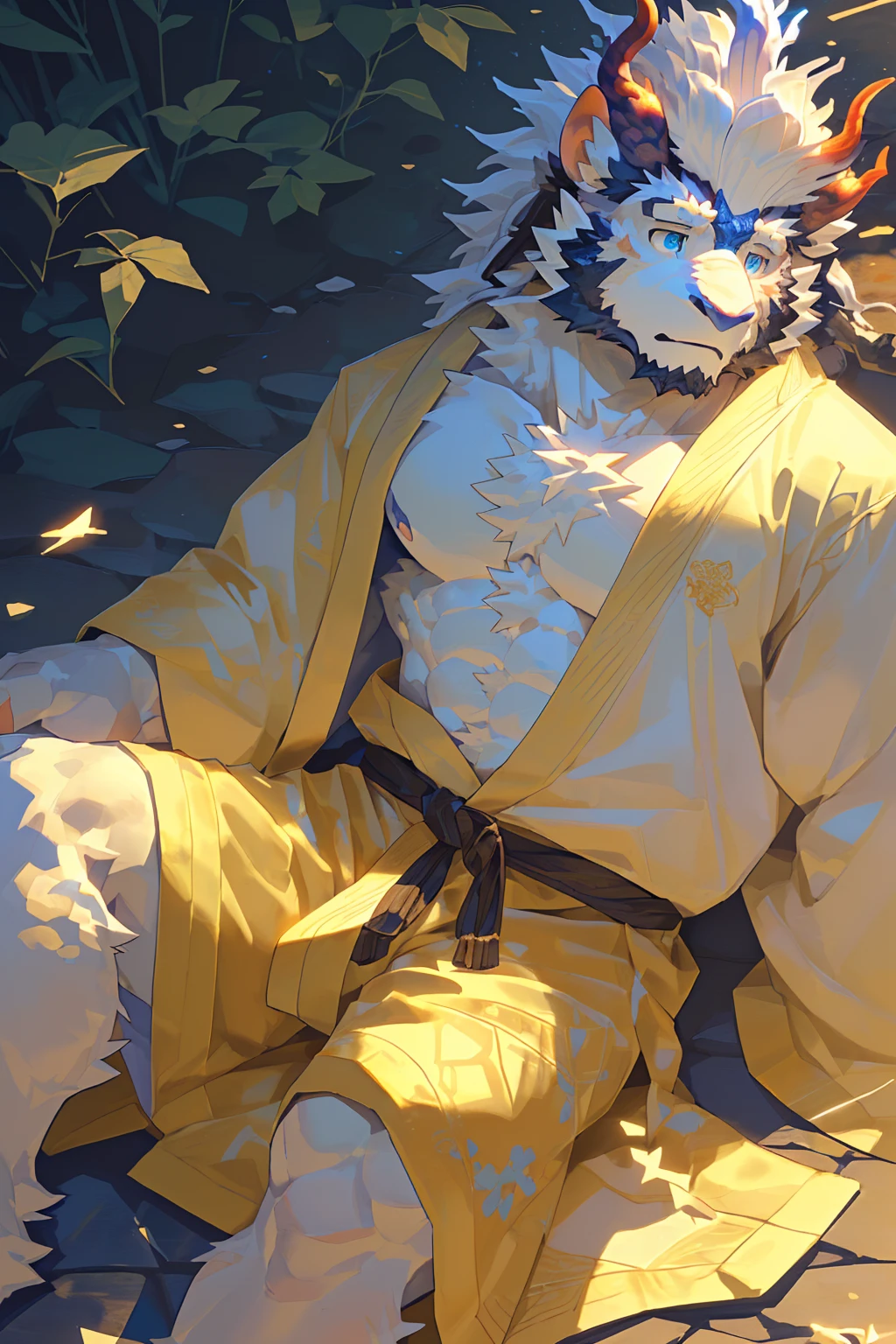 (Kirin:1.5),(Robe damaged:1.5),16K高品质细节艺术,(Kirin:1.1), (((White fur:1.8))),(Gold and white dual tone),(Gold and blue eyes:1.2),(muscular body:1.2),Handsome,(OK),(perfect face),(despair:1.1),(Gold and white skin:1.6),(Forest Background),(Half Body特写:1.5),Publaz, (Kirin:1.1), (((White fur:1.8))),Handsome, (OK),Express,(Forest Background:1.4),(pain的眼神:1.3),(Kirin tail),不同的Express,(A perfect masterpiece),(16K),(Abdominal muscles:1.3),(((young:1.4))),(21 years old),(Solitary),(Golden sideburns:1.5),(Golden-bearded:1.3),(Black Chin:1.3),(Black and white face:1),(Very rich facial details:1.3),(strong),(Half Body),(Front view),(cg),(HD),(Lying on the ground:1.4),(pain的表情:1.6),(White lines:1.4),(Scales:1.3),(White ears:1.4),(One hand over his chest:1.6),(pain:1.4),(Prostrate:1.4)