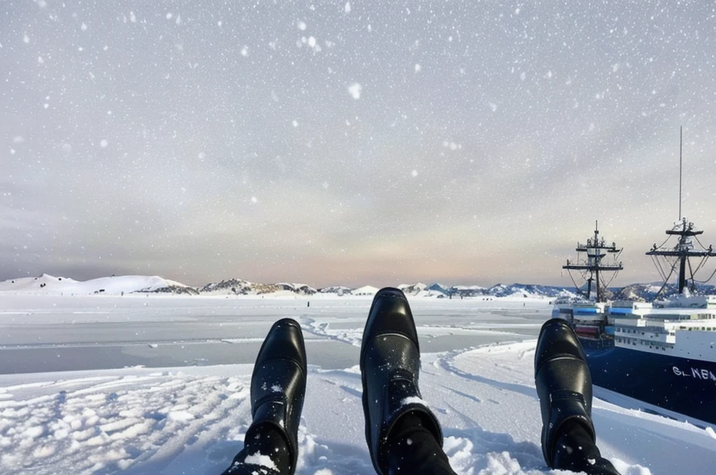 someone is standing in the snow with their feet in the snow, standing in the snow, walking on ice, standing on the water ground, stands in a pool of water, footsteps in the snow, feet on the ground, standing in a parking lot, standing on a ship deck, standing in midground, looking at the ground, snow field
