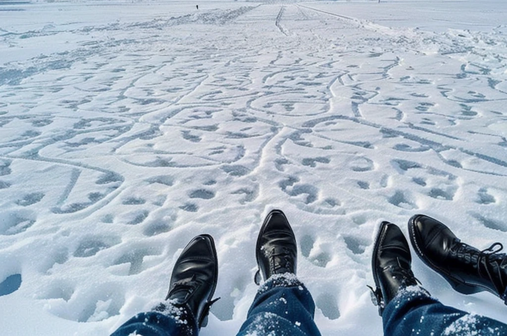 someone is standing in the snow with their feet in the snow, standing in the snow, walking on ice, standing on the water ground, stands in a pool of water, footsteps in the snow, feet on the ground, standing in a parking lot, standing on a ship deck, standing in midground, looking at the ground, snow field