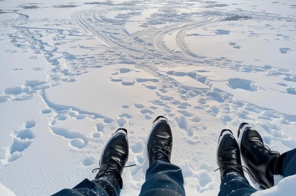 someone is standing in the snow with their feet in the snow, standing in the snow, walking on ice, standing on the water ground, stands in a pool of water, footsteps in the snow, feet on the ground, standing in a parking lot, standing on a ship deck, standing in midground, looking at the ground, snow field