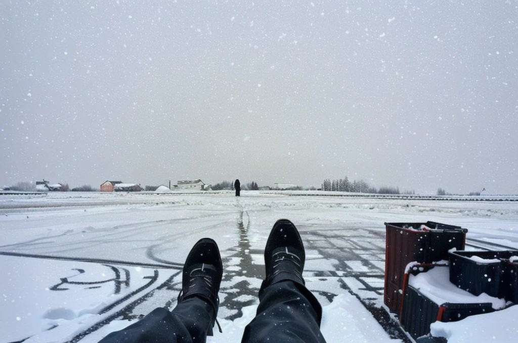 someone is standing in the snow with their feet in the snow, standing in the snow, walking on ice, standing on the water ground, stands in a pool of water, footsteps in the snow, feet on the ground, standing in a parking lot, standing on a ship deck, standing in midground, looking at the ground, snow field