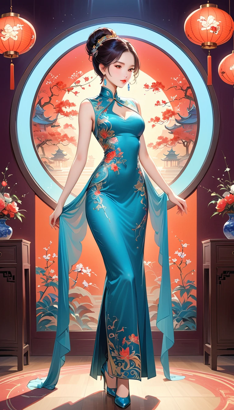Chinese cheongsam sexy,illustration,High-end fashion,Beautiful and delicate eyes,Beautiful and delicate lips,Long eyelashes,Exquisite makeup,Vibrant colors,posture,Attractive background,Stylized Lighting,editing style,Chinese cultural elements,Exquisite embroidery,Detailed pattern,Modern transformation,Feminine charm,complicated,Futuristic,Chic hairstyle,Beautiful accessories,Tempting,Wearing stylish high heels,Luxurious fabrics,Beautiful movements,Confident expression,Ethereal atmosphere,Colorful composition,Impeccable attention to detail,Modern elegance,Expressive eyes,Dramatic Lighting,Seamless Integration,Artistic talent,Rich texture,Perfect fashion sense,Colored lights,Sentimental atmosphere,A bold fashion statement,Stylish composition