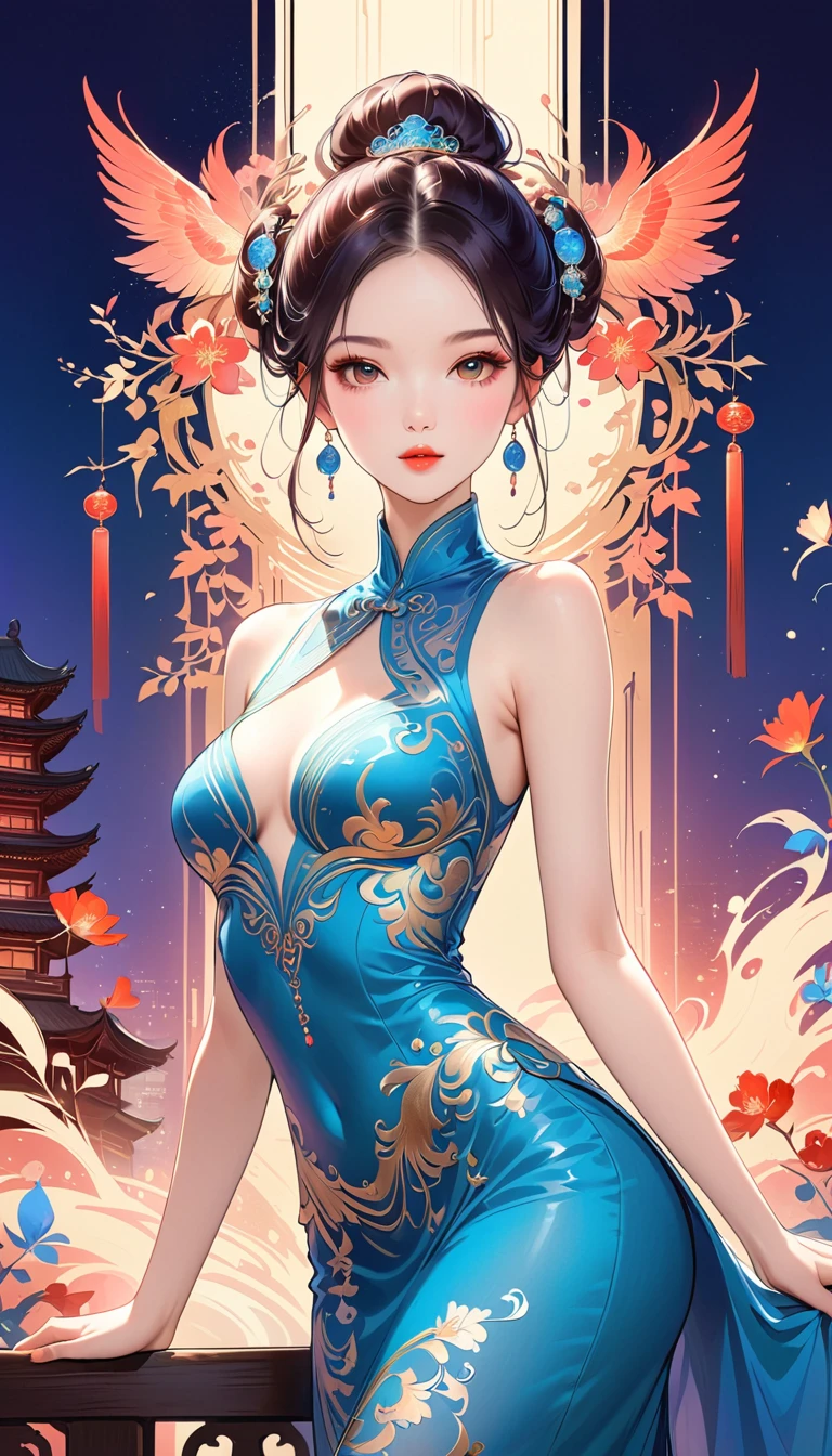 Chinese cheongsam sexy,illustration,High-end fashion,Beautiful and delicate eyes,Beautiful and delicate lips,Long eyelashes,Exquisite makeup,Vibrant colors,posture,Attractive background,Stylized Lighting,editing style,Chinese cultural elements,Exquisite embroidery,Detailed pattern,Modern transformation,Feminine charm,complicated,Futuristic,Chic hairstyle,Beautiful accessories,Tempting,Wearing stylish high heels,Luxurious fabrics,Beautiful movements,Confident expression,Ethereal atmosphere,Colorful composition,Impeccable attention to detail,Modern elegance,Expressive eyes,Dramatic Lighting,Seamless Integration,Artistic talent,Rich texture,Perfect fashion sense,Colored lights,Sentimental atmosphere,A bold fashion statement,Stylish composition